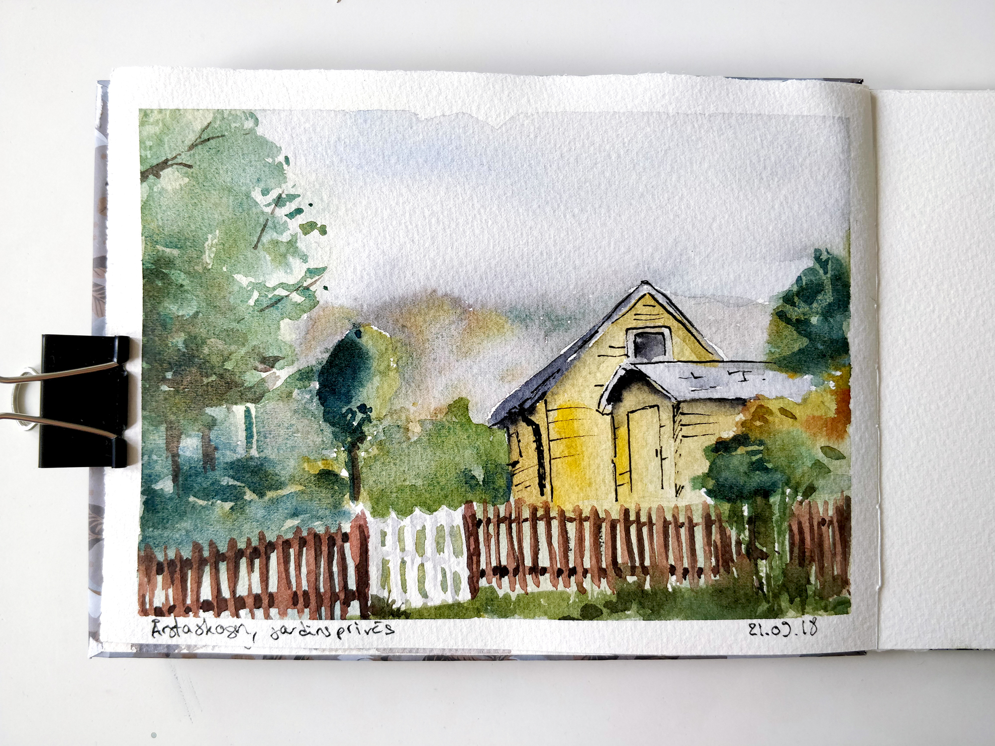 Sketch in watercolor, a cabin in a garden - Ursula Schichan